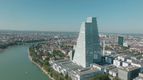 aerial flying towards kleinbasel towards the roche towers