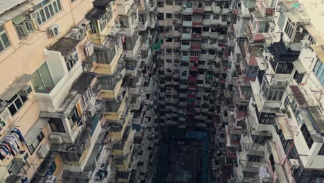 aerial of an old apartment complex called yick fat on quarry bay, hong kong, china