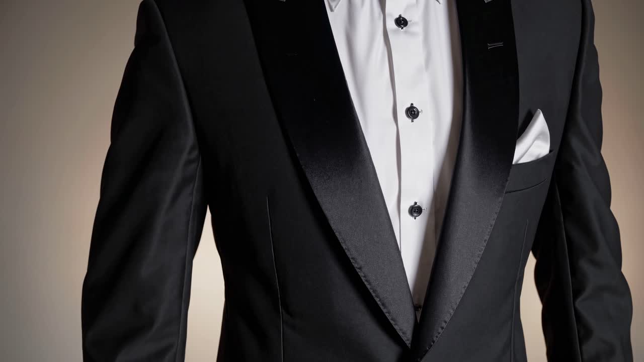 Vídeo em close-up de uma pessoa em um smoking preto clássico com uma gravata borboleta, filmado de um ângulo frontal