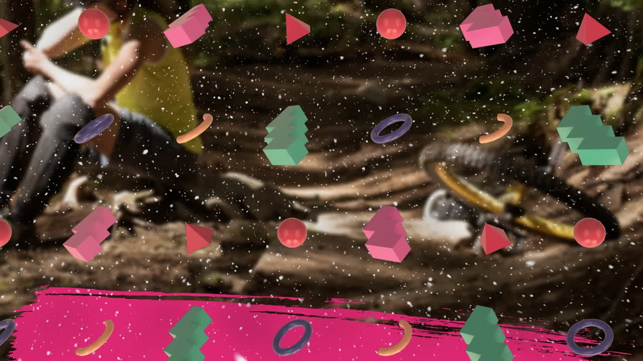 공원에서 백인 여성 위에 내리는 모양과 눈의 애니메이션.