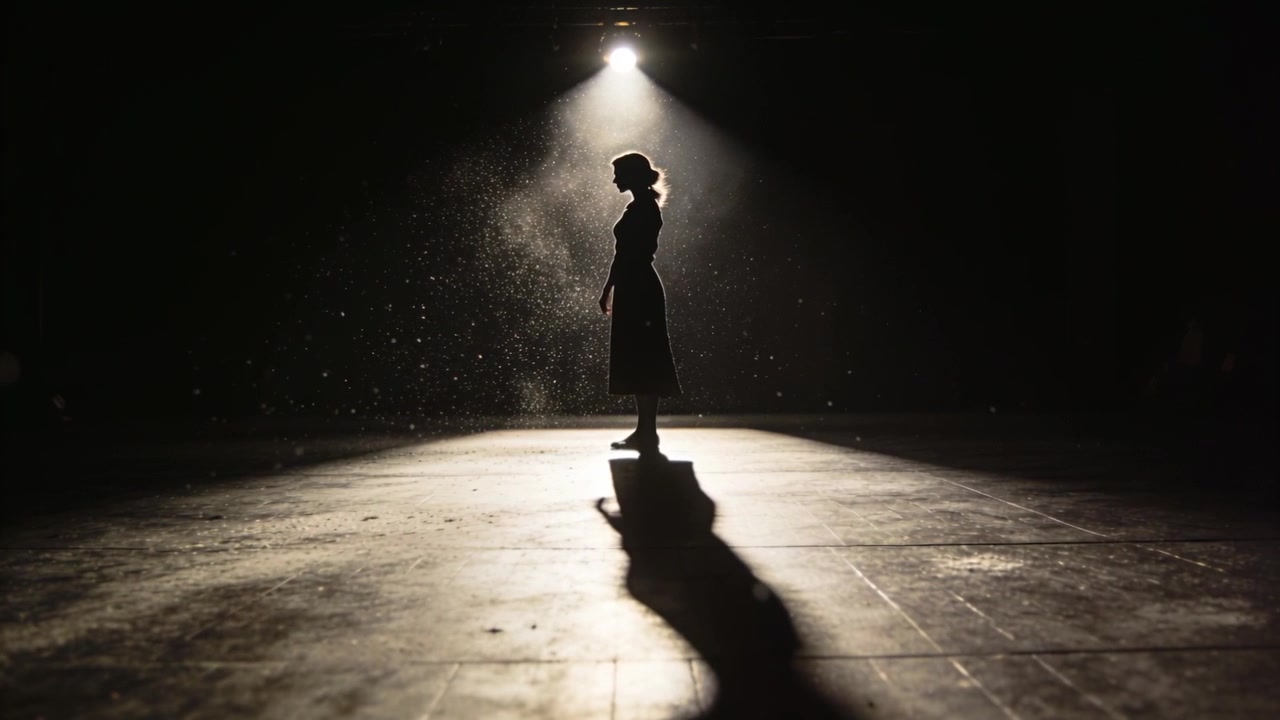 Standing woman shifting, tilting as spotlight showing dust on stage in dark dress for dramatic pose