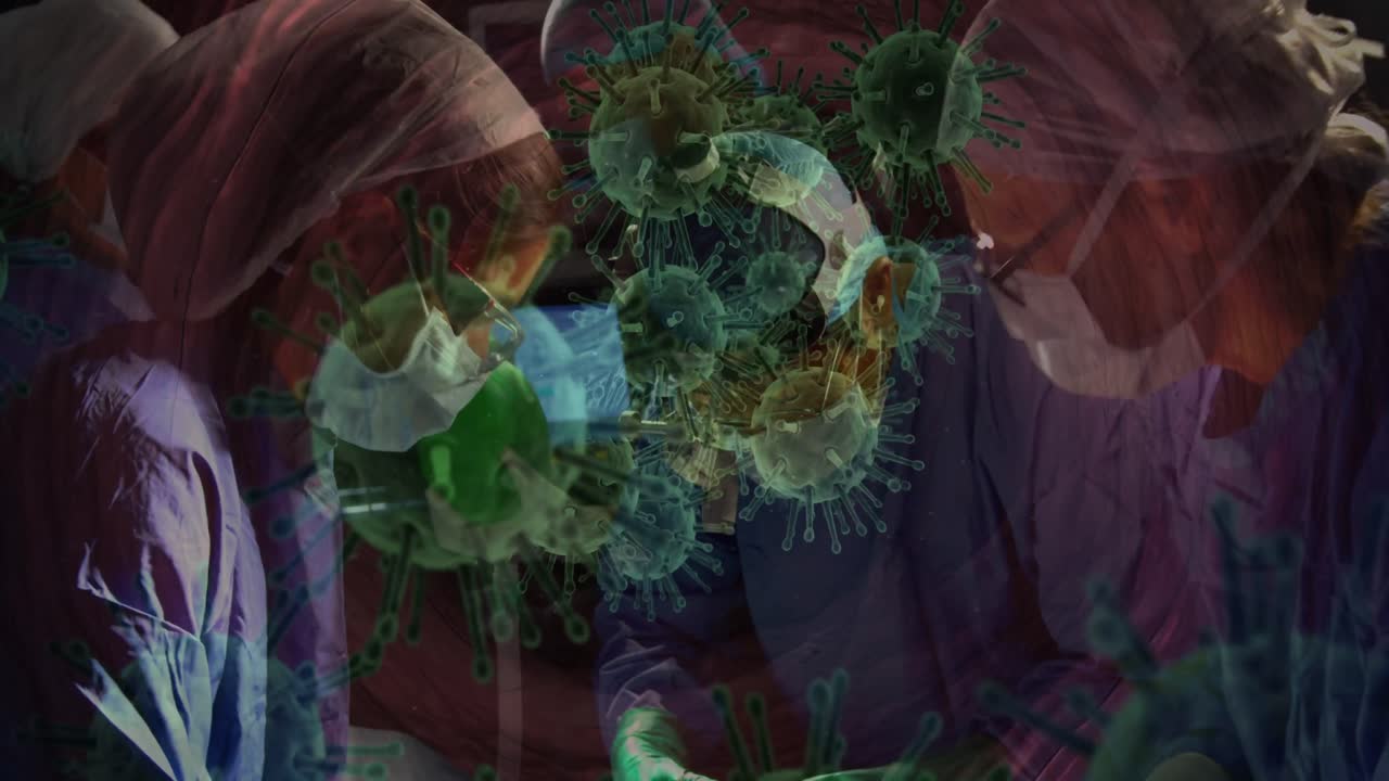 múltiples células de covid-19 flotando contra el equipo de cirujanos que realizan cirugías en el hospital