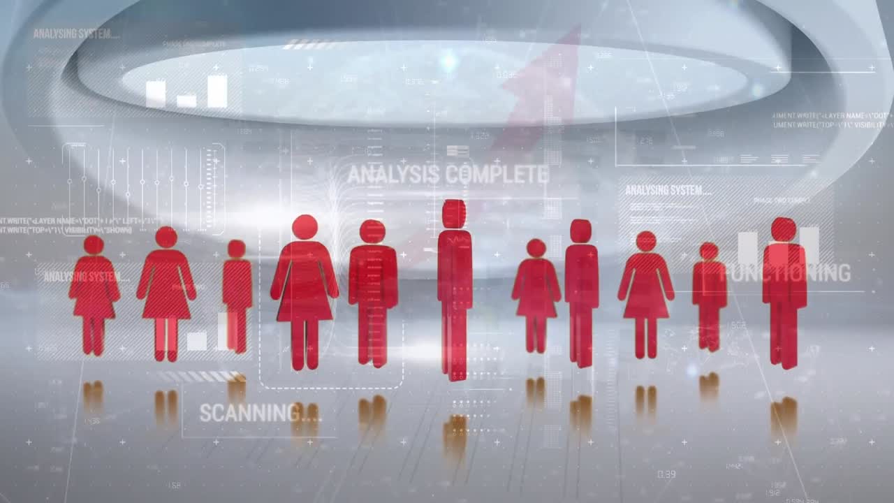 회색 배경에 아이콘과 데이터 처리를 가진 연결 네트워크의 애니메이션