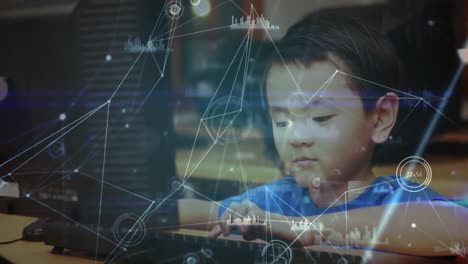 animation of networks of connections over asian boy using computer