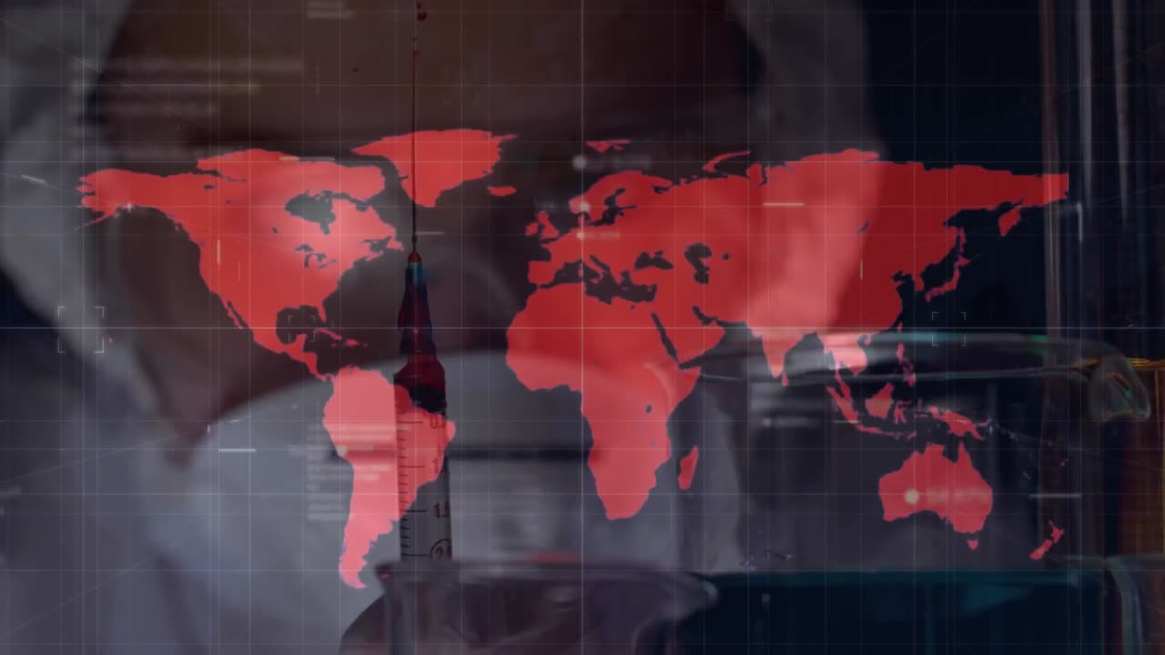 얼굴 마스크를 입은 과학자 위에 세계 지도의 애니메이션