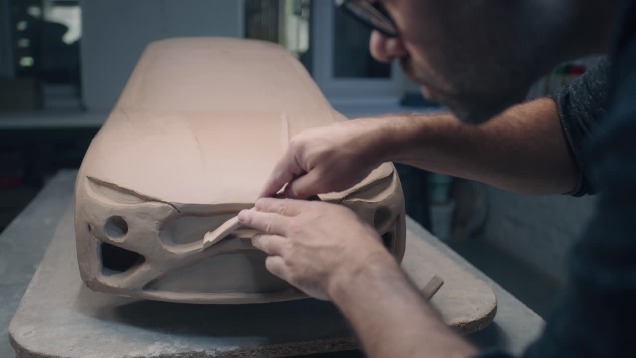 esculpiendo un modelo de coche de arcilla