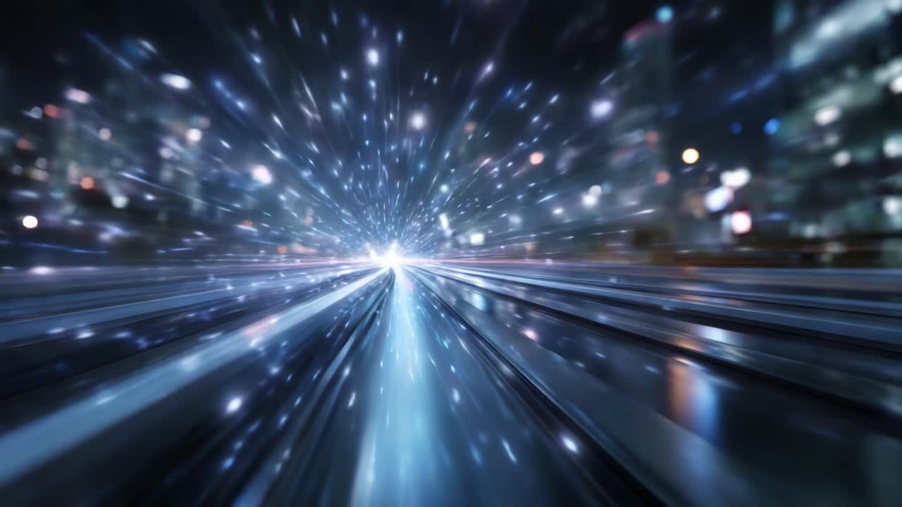 Scie luminose dinamiche e scintille creano una scena urbana vivida e frenetica che illustra movimento ed energia in un ambiente notturno cittadino