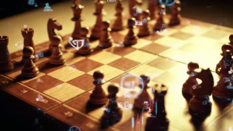 a close-up view of a chessboard during an intense match showcases pieces arranged strategically. the warm atmosphere is enhanced by digital overlays, emphasizing the game’s tactical depth.
