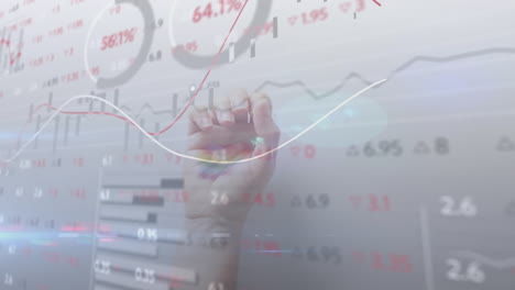 거래 보드, 여러 그래프 및 로딩 서클의 애니메이션 절단 된 손 오프닝 주먹