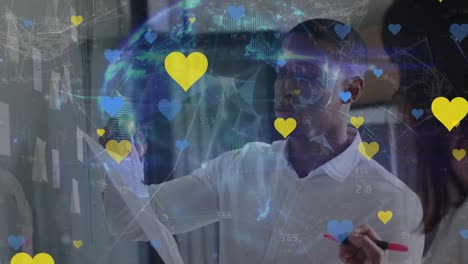 animation of falling hearts over diverse two business people