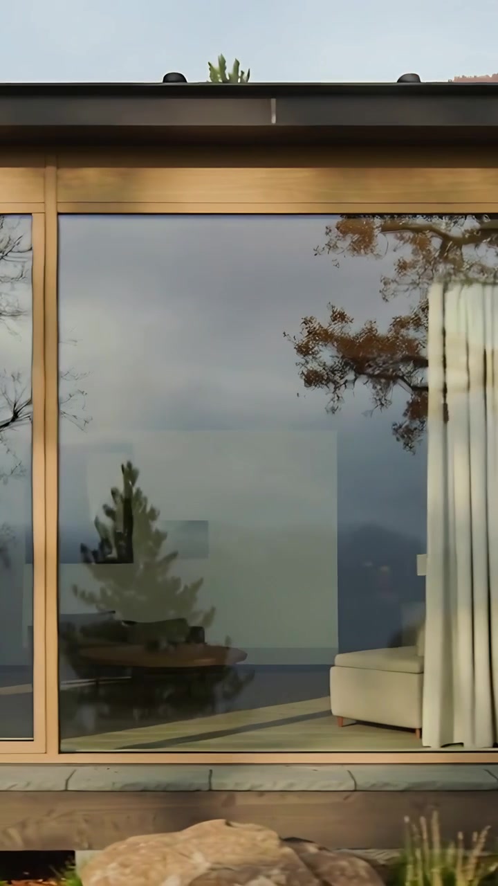 Vertikal video: Panorerende kamera afslører husfacade, glasdøre og stenmur til indvendig udsigt.