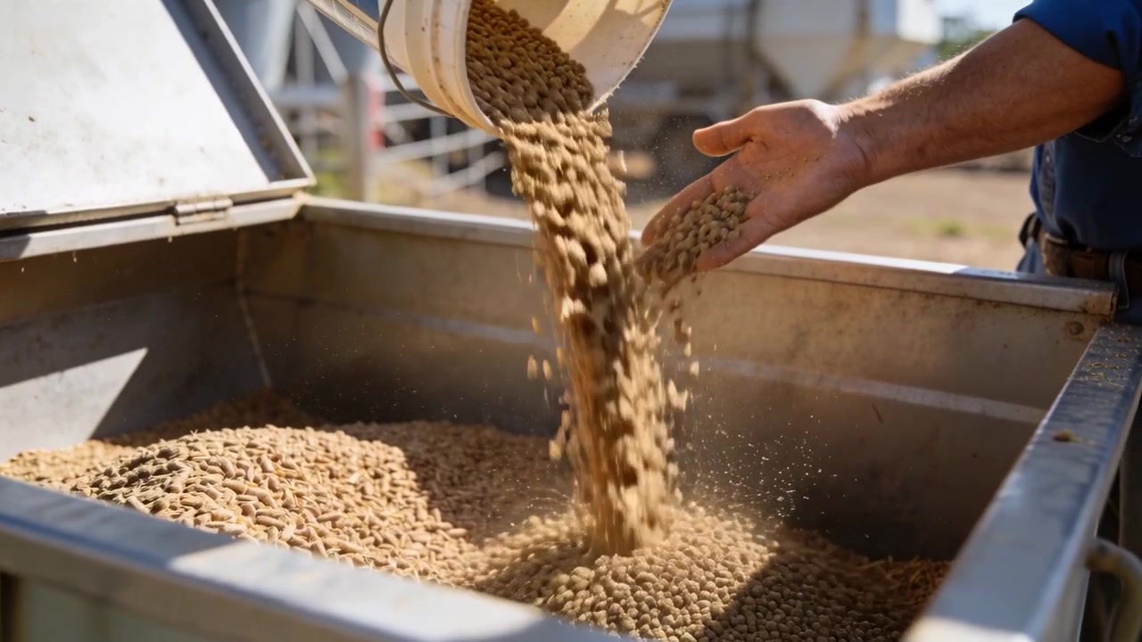 Tilting white bucket, farmer in blue shirt pouring pellets into trough on farm to feed sheep