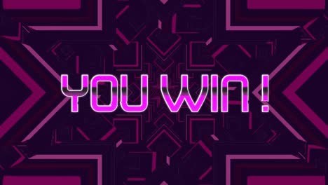 animation of you win text over pink kaleidoscopic shapes on dark background