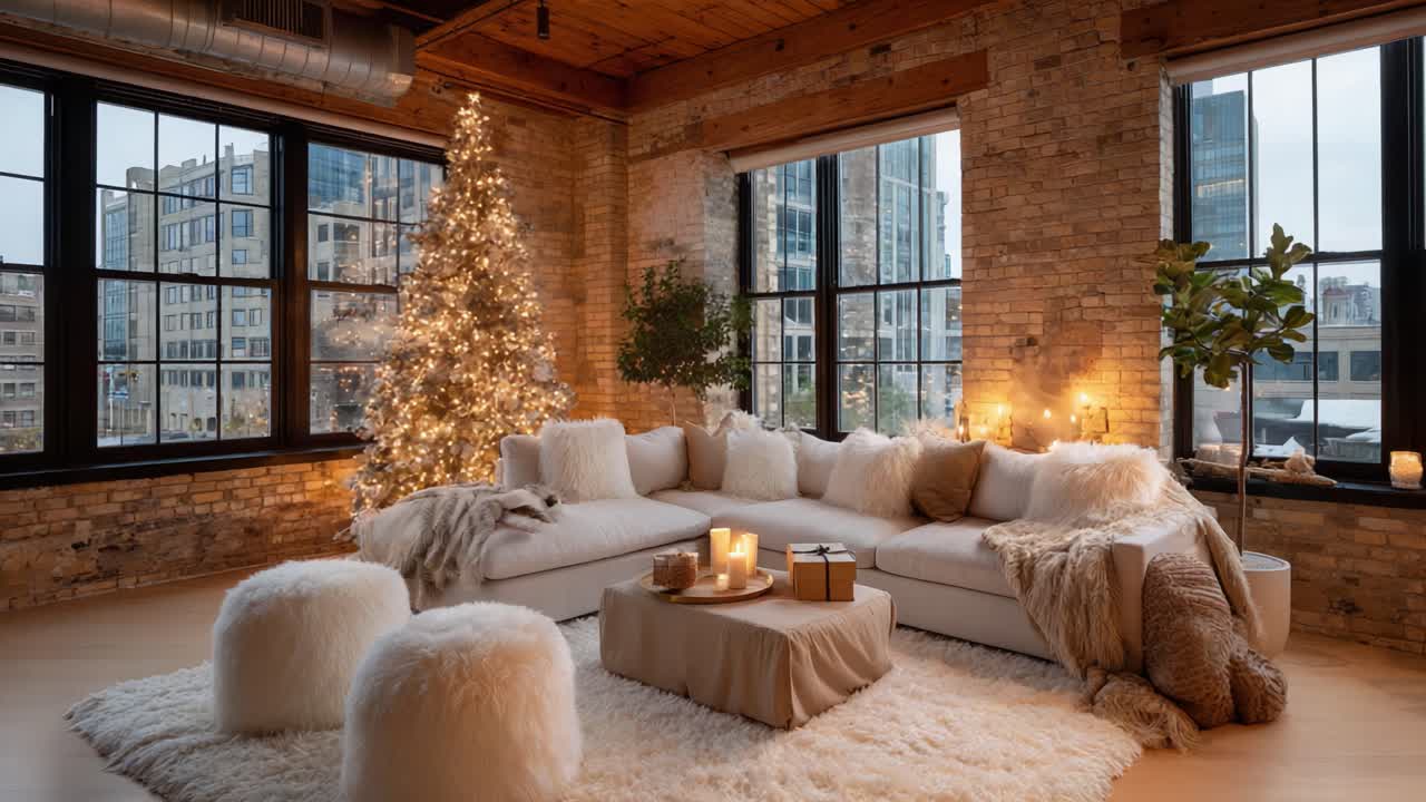 Cozy Holiday Living Room Decor with a Beautifully Adorned Christmas Tree, Soft Textiles, and Warm Lighting Amidst Urban Skyline Views