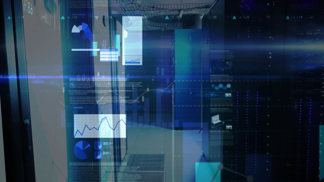 Camera gliding through server aisle triggers racks projecting holograms to visualize metrics trends