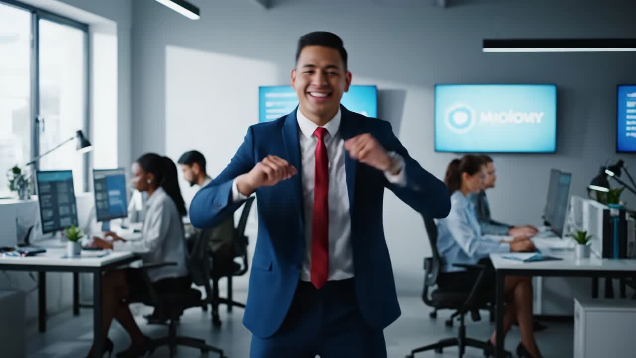 Equipo de negocios de éxito celebrando en una oficina moderna