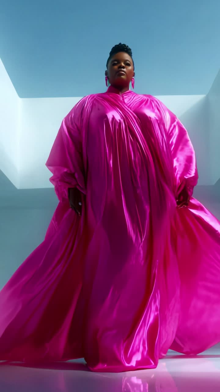 Bold Fashion Statement: A Stunning Display of Elegance and Confidence in an Eye-Catching Pink Dress with Flowing Fabric and Striking Silhouette