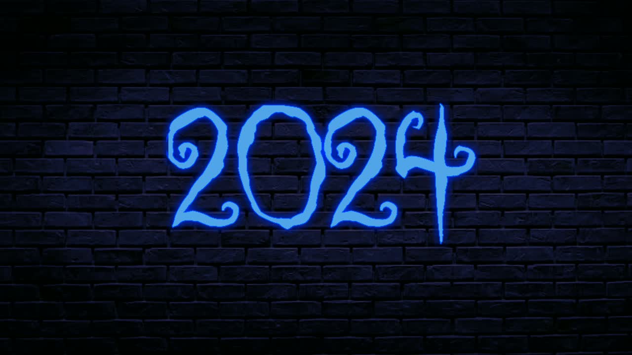 número espeluznante 2024 animación de neón azul gráficos de movimiento en el fondo de la pared de ladrillo