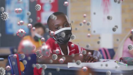 Animación-De-Células-Covid-19-Flotando-Sobre-Un-Colegial-Con-Mascarilla-En-El-Aula