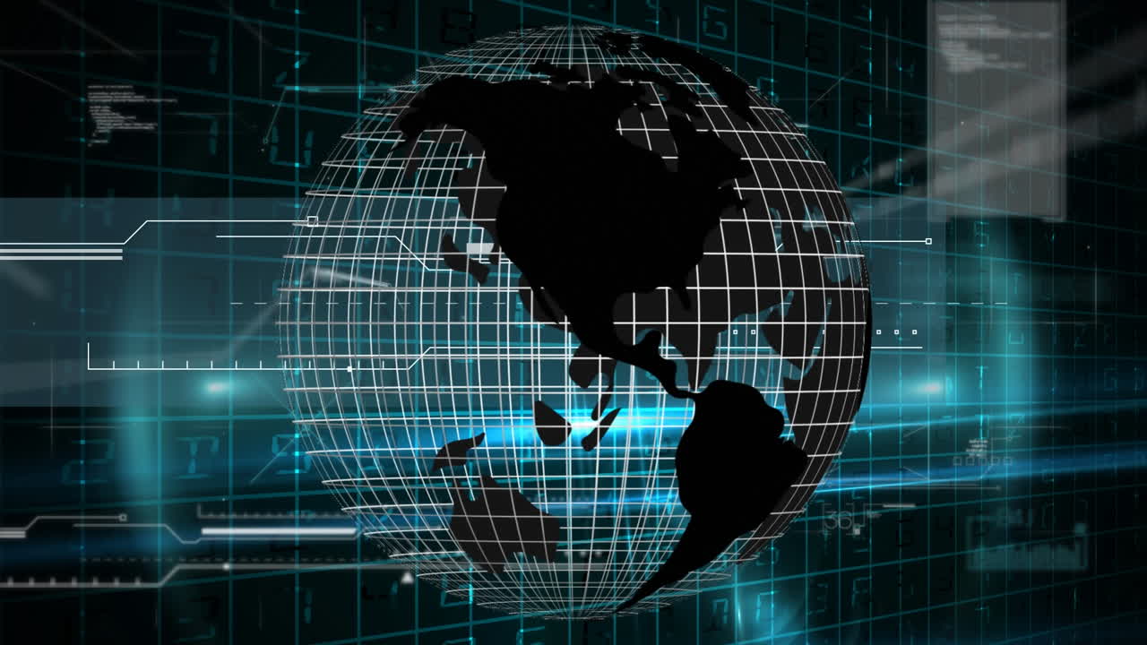 Animation of globe with network of connections over blue screens