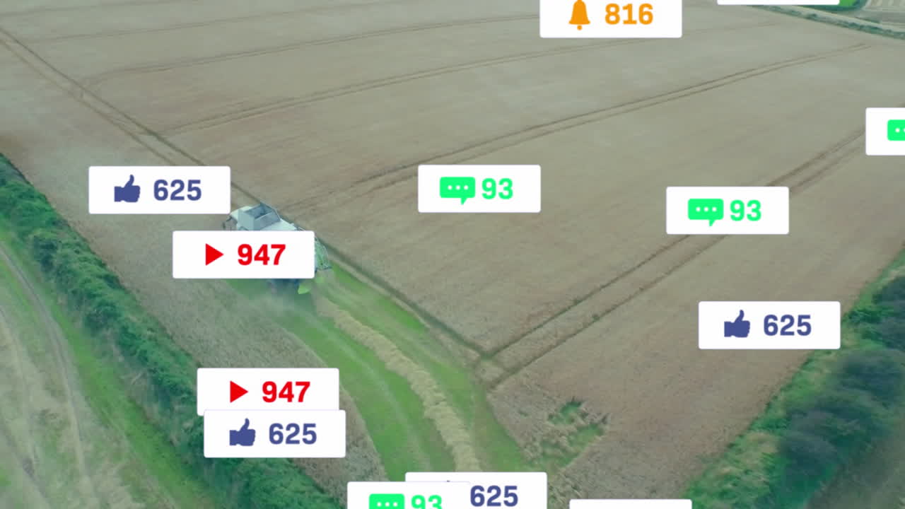 Combine harvester cutting golden wheat in aerial scene, featuring floating social icons and metrics
