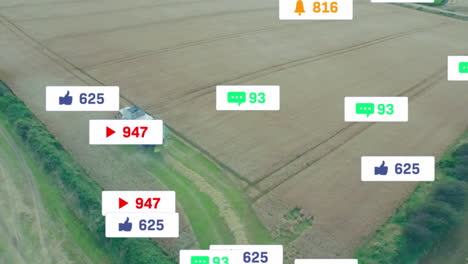 combine harvester cutting golden wheat in aerial scene, featuring floating social icons and metrics