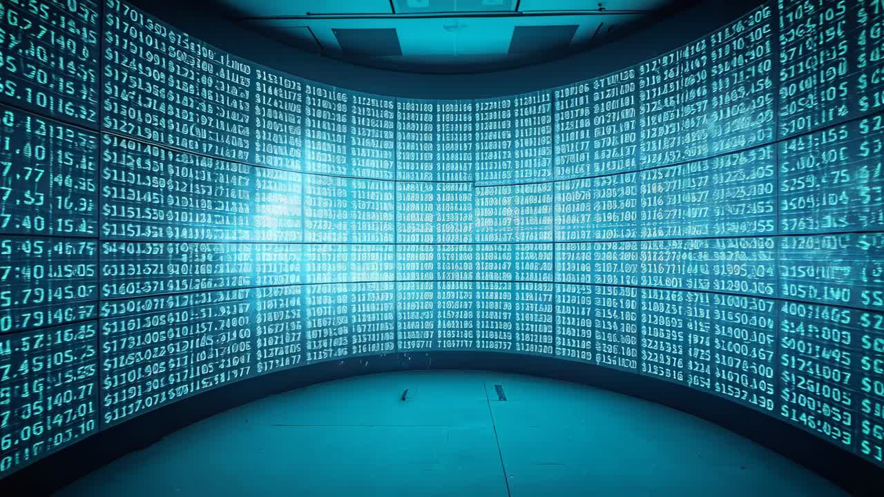 Displaying curved LED wall updating numbers via live feed for dollar values at gallery with lights