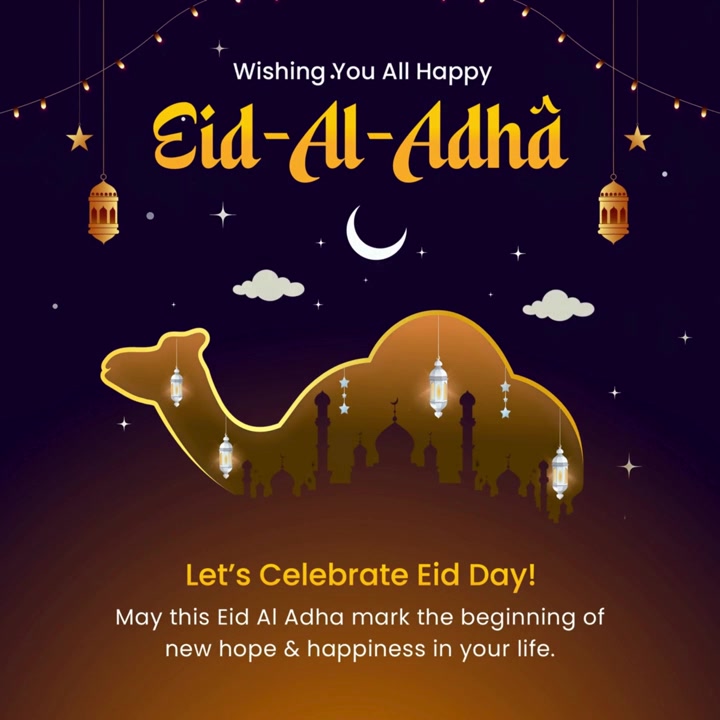 Animazione banner di auguri per il festival Eid Al Adha con cammello dorato e silhouette di moschea