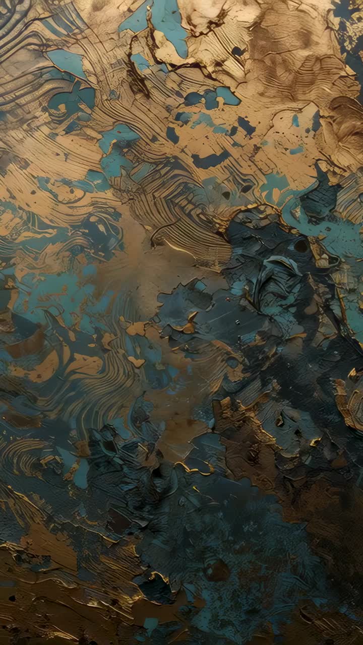 Vertical video: Moving camera down and right, revealing teal gold ridged painting at gallery wall