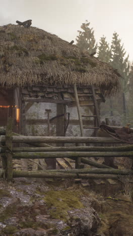vieja cabaña de paja en un bosque de niebla