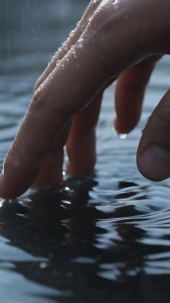 Vertical video: Touching bare hand pressing finger into puddle in rain, making ripples, copy space