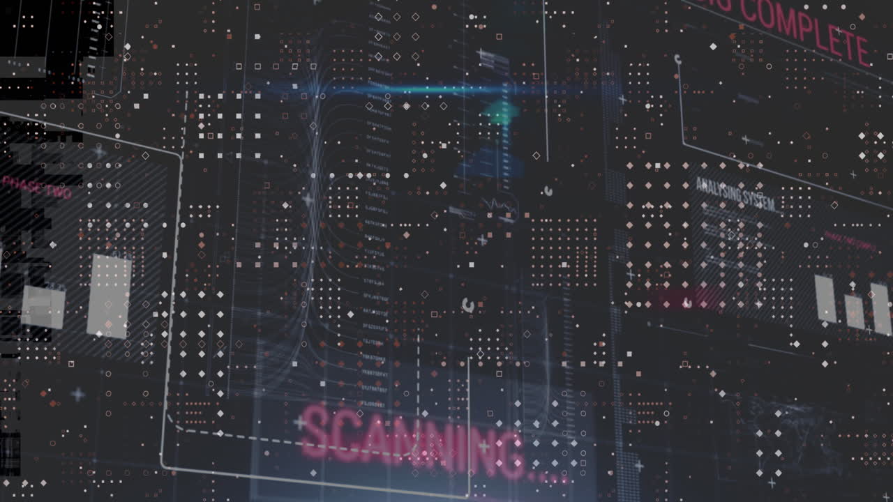 Animation of multiple texts, programming language and infographic interface on black background