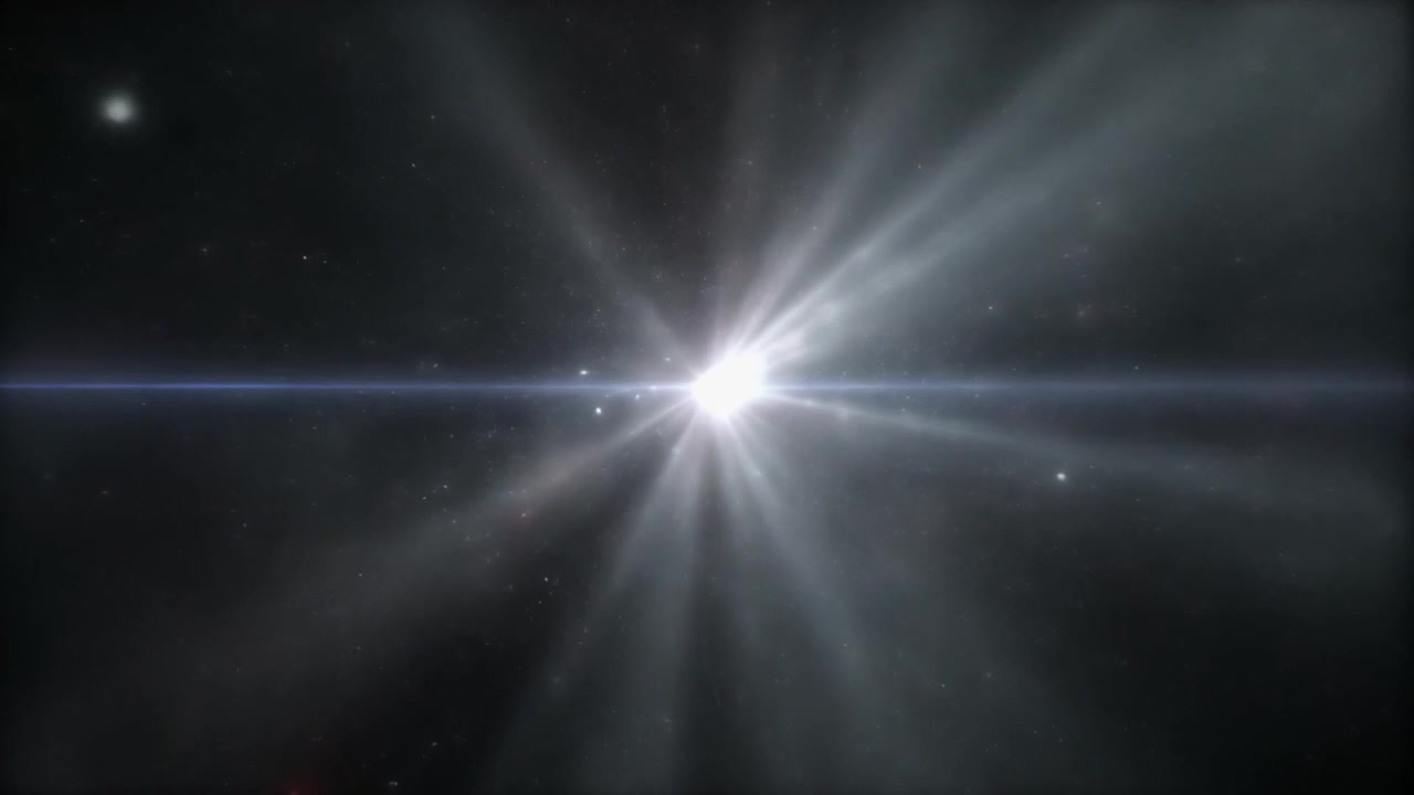 Stella luminosa che brilla nello spazio profondo con bagliore dell'obiettivo