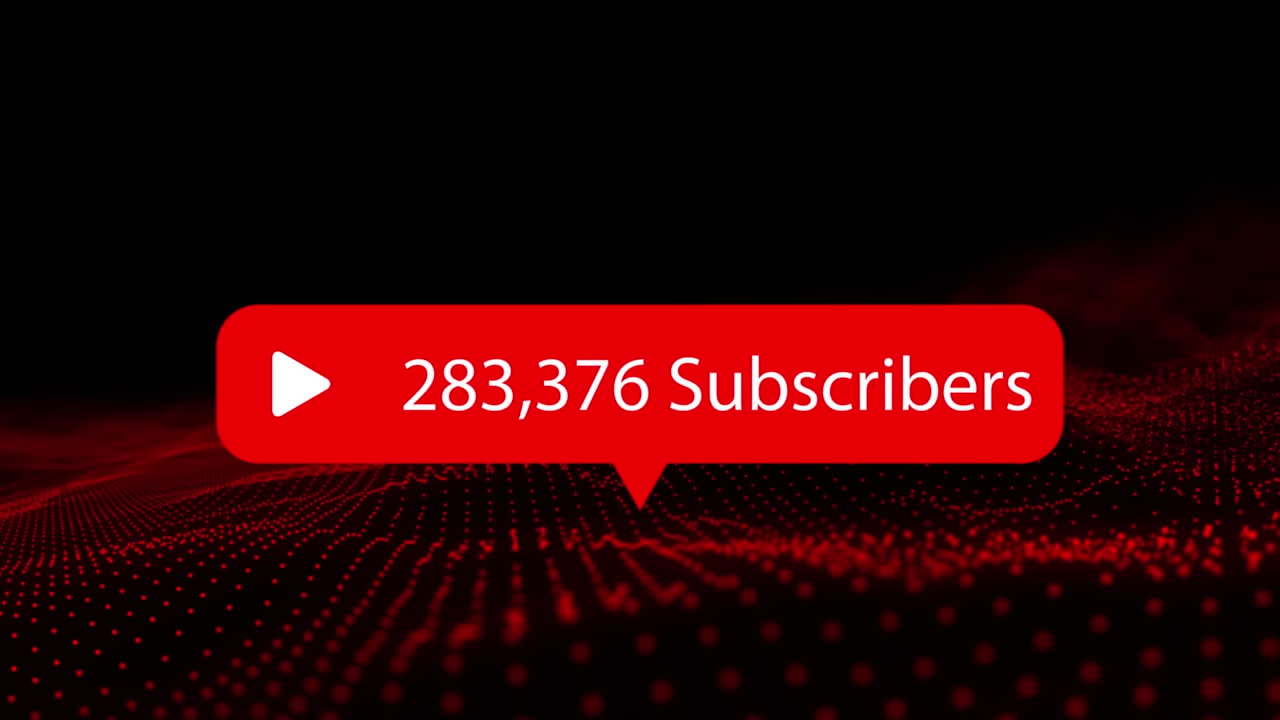 Animation of play icon with increasing subscribers and red digital wave against black background