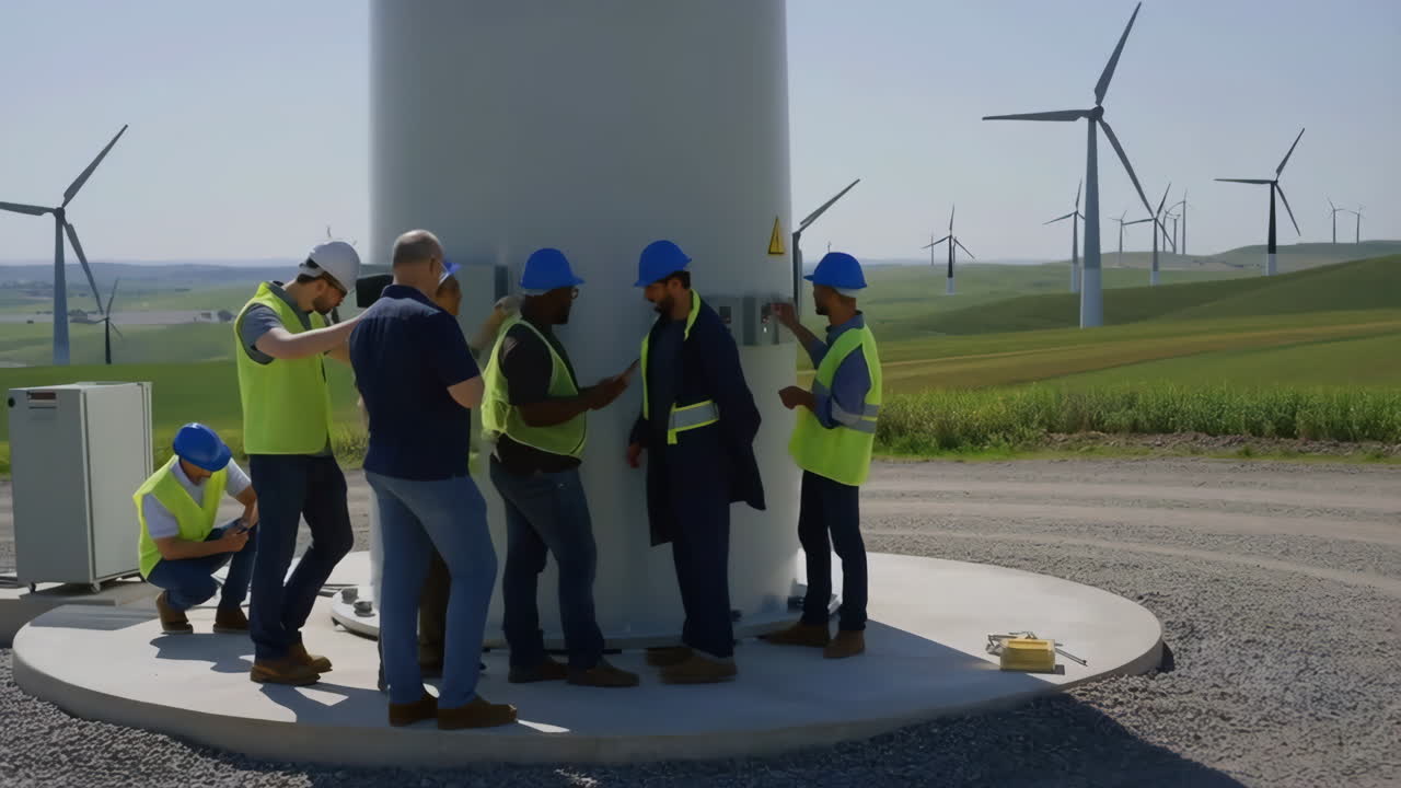 Engineers and technicians perform maintenance on a wind turbine