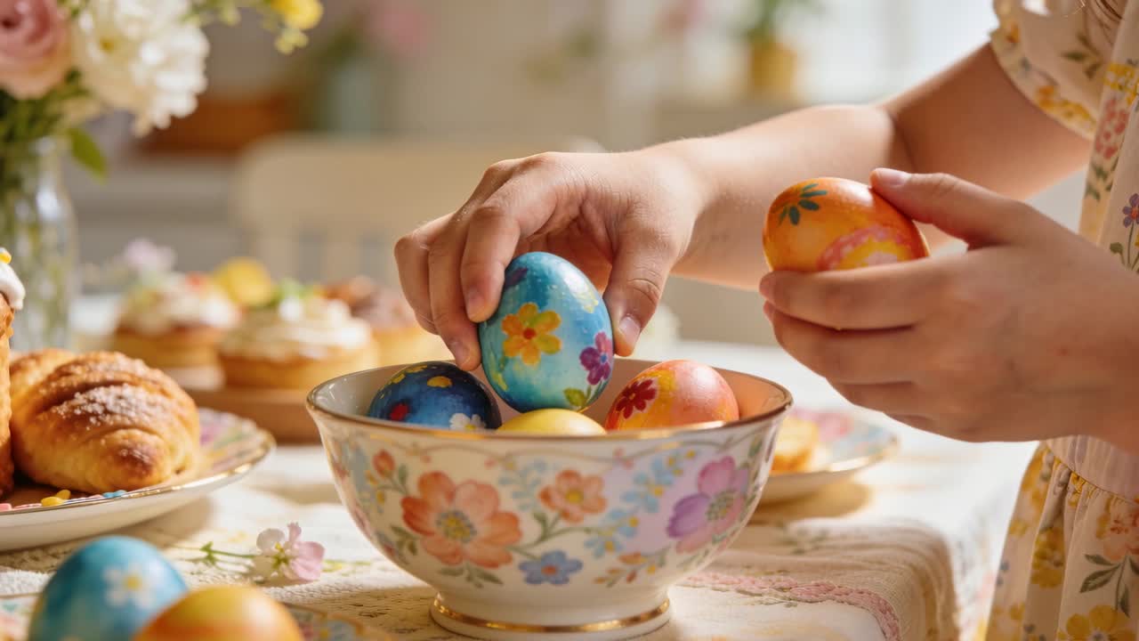 Child reaching for blue egg, placing and nudging painted eggs into floral ceramic bowl for Easter