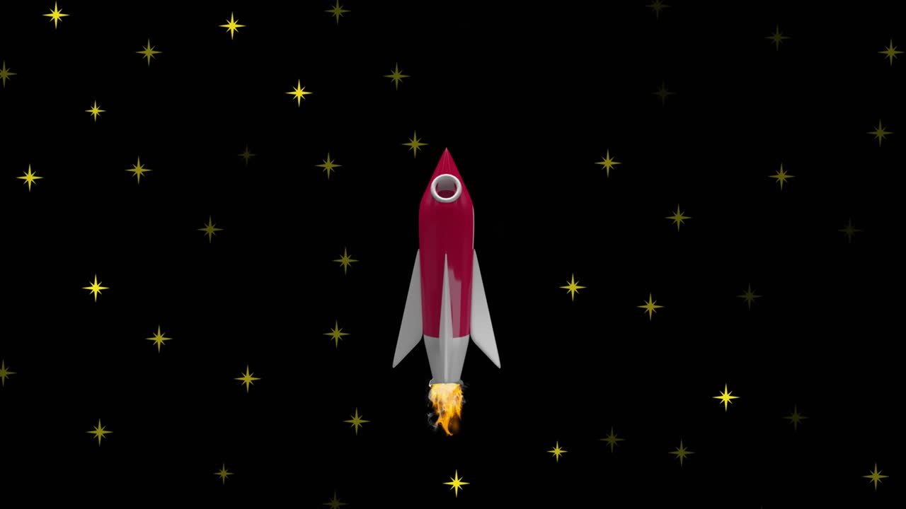 Animation of space rocket flying in space over stars on black background