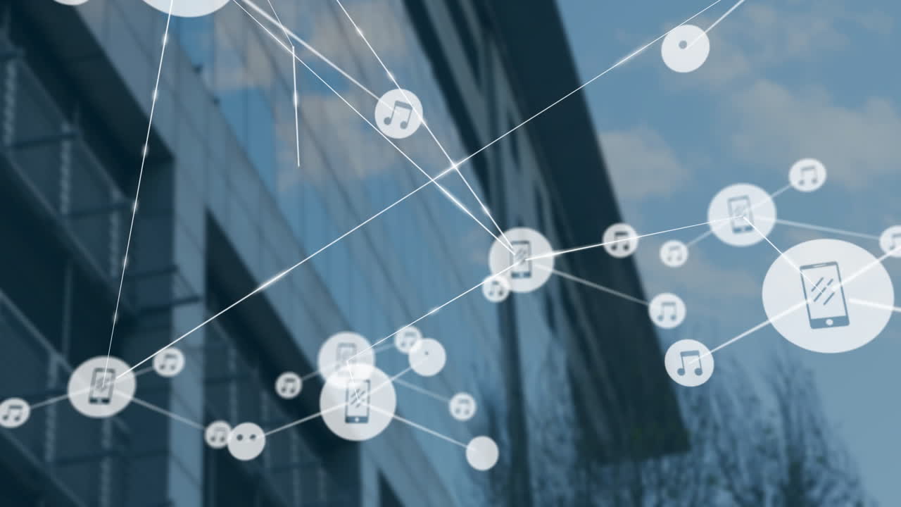 Network of connected devices and music icons animation over modern building background