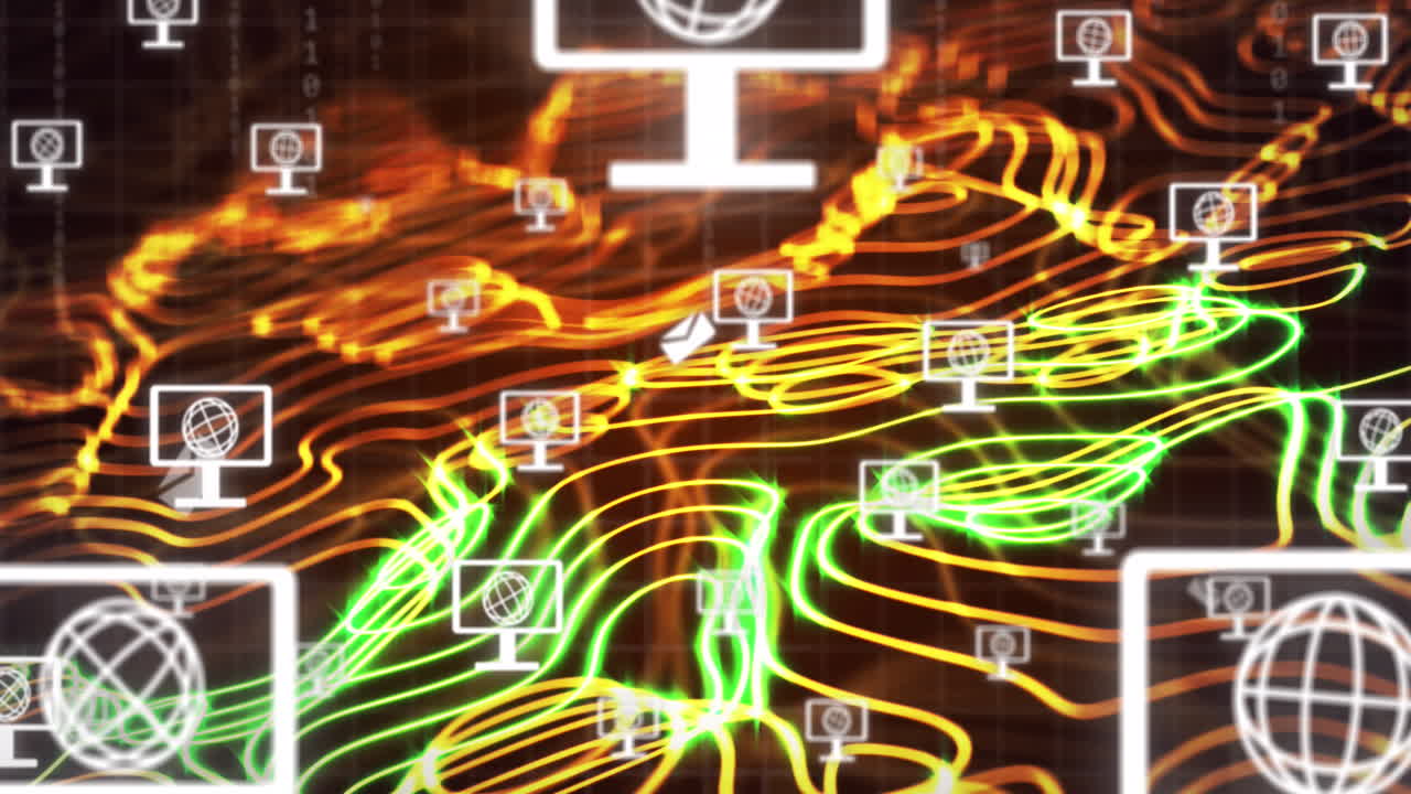 animación de iconos de pantalla y globo y red de conexiones