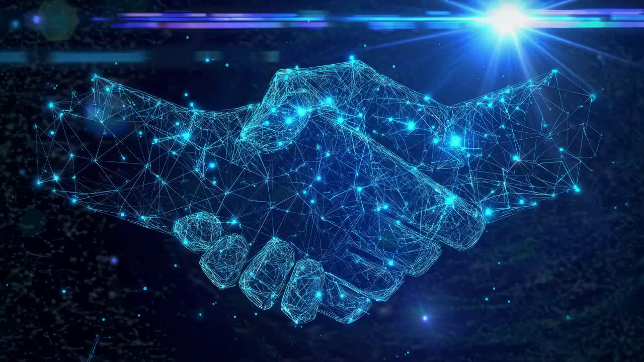 Futuristic digital handshake concept in a video. Low-angle view of glowing wireframe hands