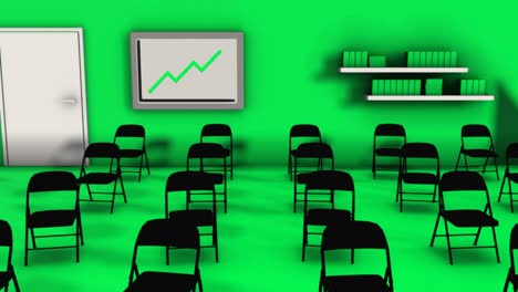 sala de conferencias verde vacía con pizarra blanca y sillas