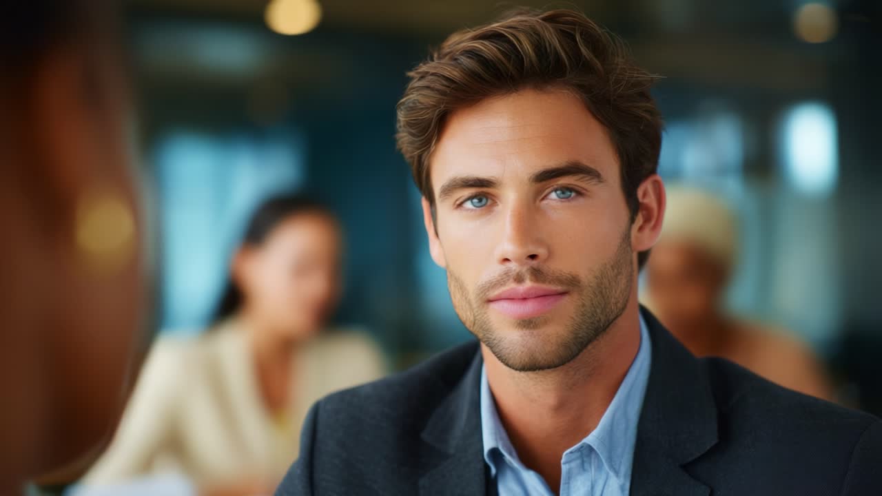 A focused young man with striking blue eyes and a confident demeanor, engaged in a conversation within a modern professional setting, showcasing attentive expression