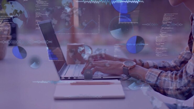 Software dev typing at white desk by window, analyzing, causing charts, code, waves layering