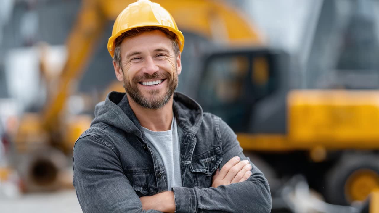 A Smiling Construction Worker in Safety Gear Poses Confidently at a Job Site, Exuding Professionalism and Team Spirit Amid Heavy Machinery