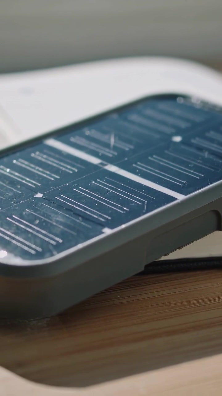 Vertical video: Panning camera showing solar charger on notebook by window, to reveal USB port