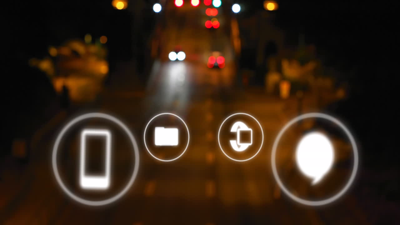 animación de iconos y procesamiento de datos sobre la ciudad.