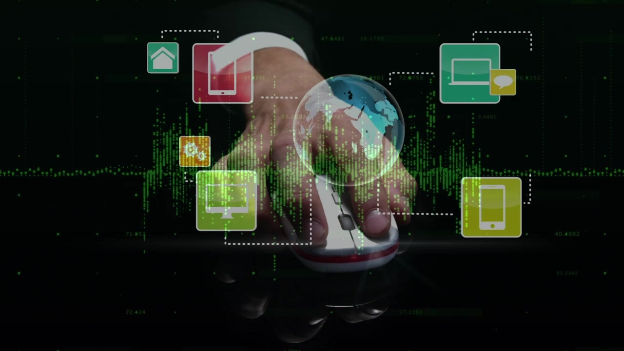 Animation of caucasian businessman with mouse over data processing