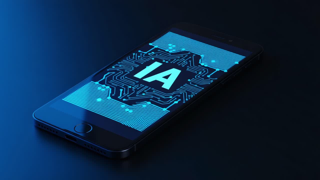 A Modern Smartphone Displaying Intelligent Technology with Prominent 'IA' Symbolization, Showcasing a Futuristic Circuit Board Design in a Cool Blue Tone Background