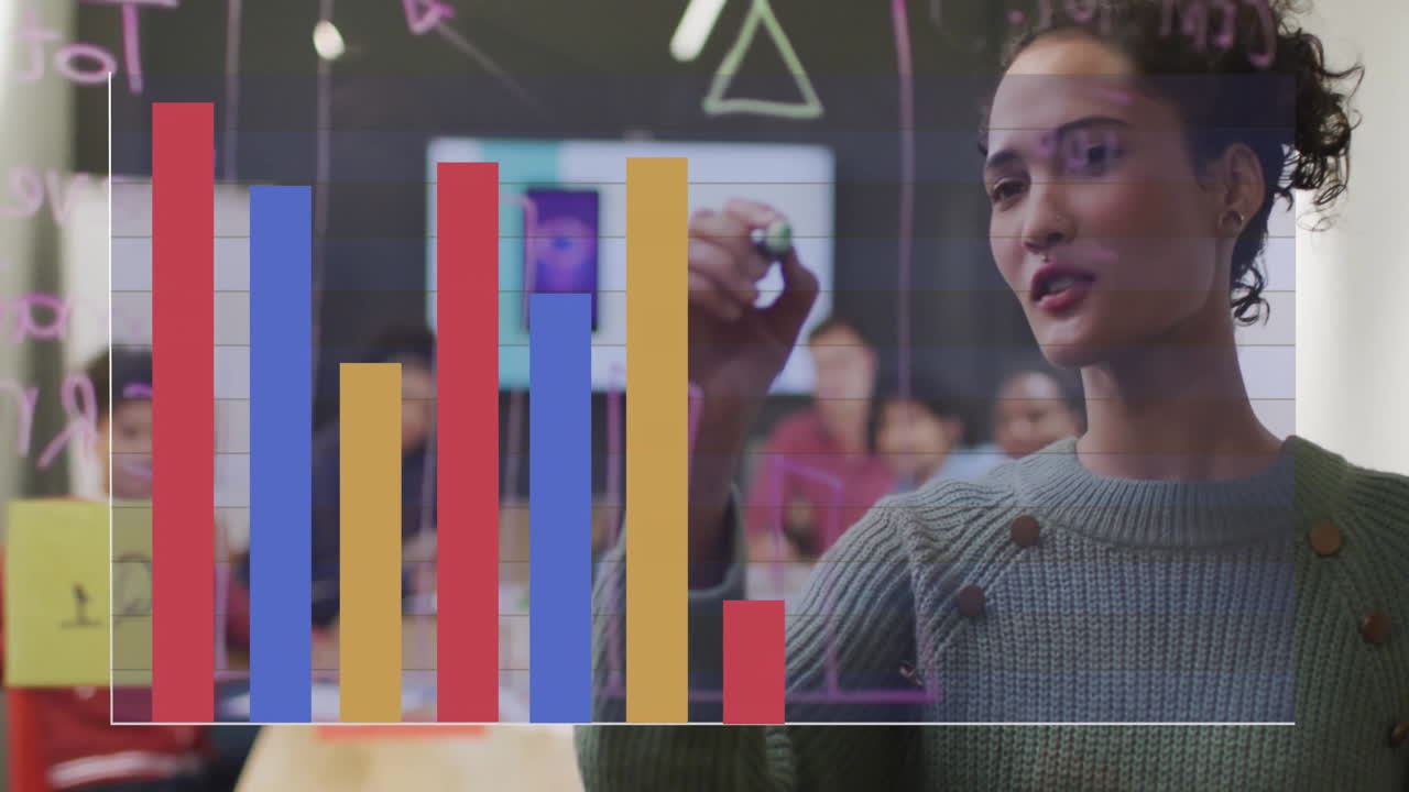 animación del procesamiento de datos financieros sobre diversos colegas que se reúnen en la oficina