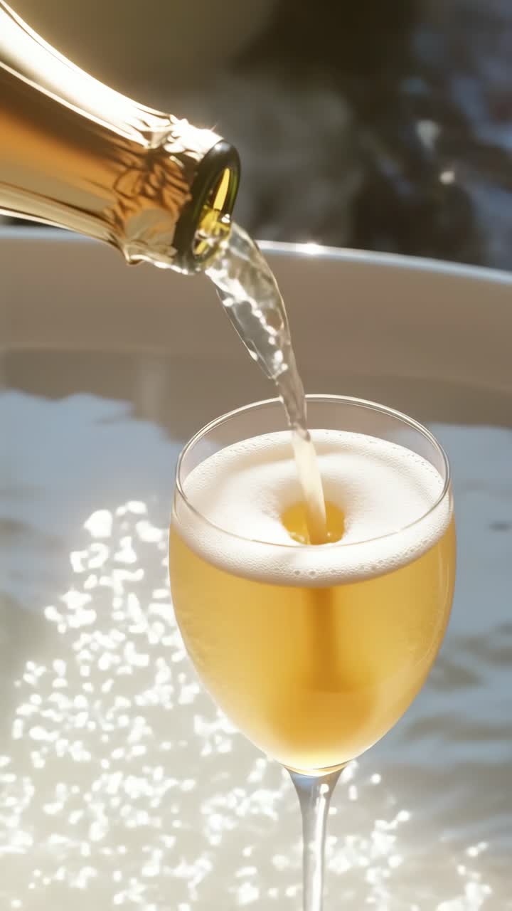 Angolazione video ravvicinata che cattura champagne versato in un bicchiere, evidenziando le bollicine e la luce
